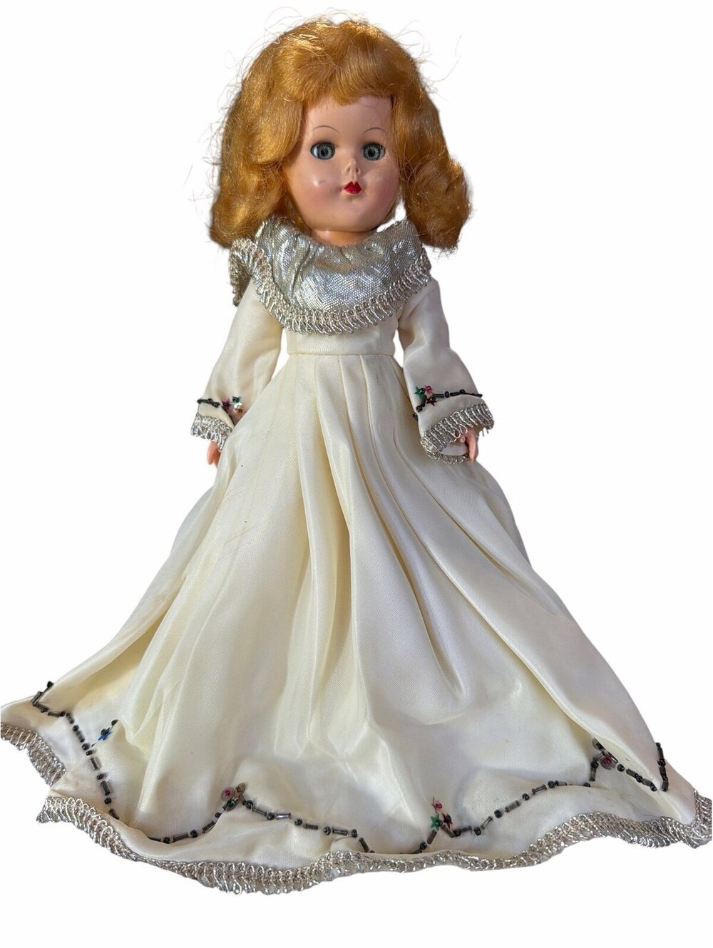Vintage Doll in White Gown with Silver Trim